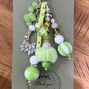 Lime Green Beaded Pom Pom Keychain Charm-handmade/EAlovey